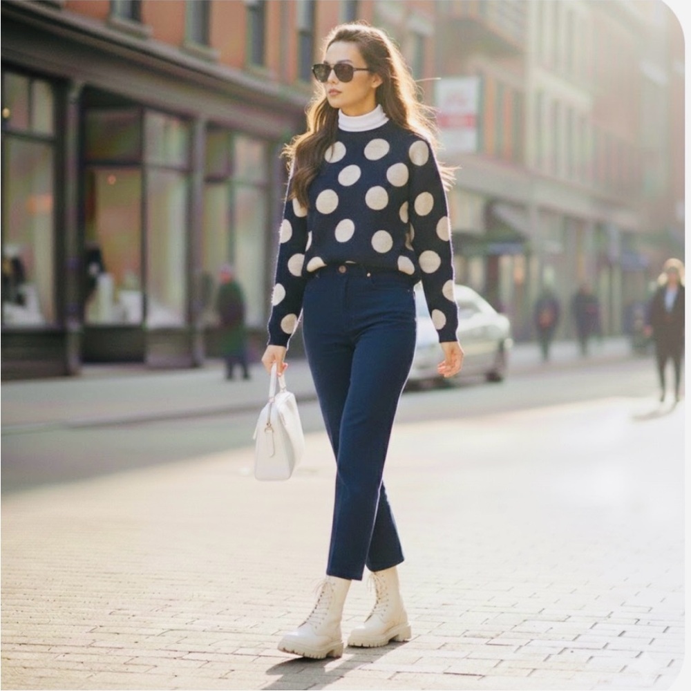 Topshop Navy and Cream Polka Dot Sweater